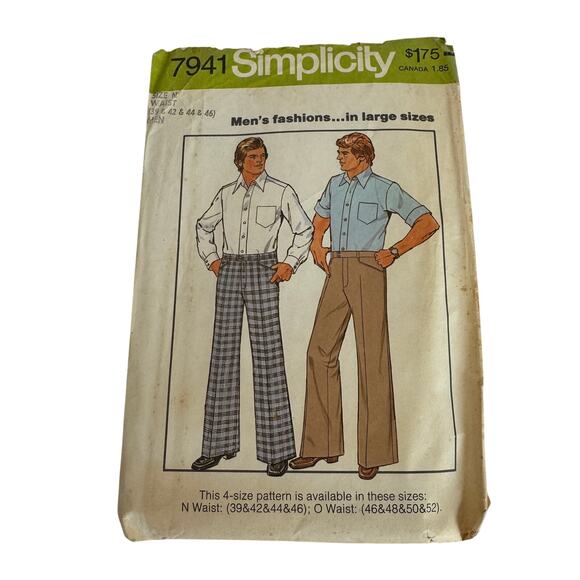 Simplicity 7941 Sewing Pattern Mens Pants Size M Waist 39,42,44,46 Men c.1977 - Picture 1 of 5
